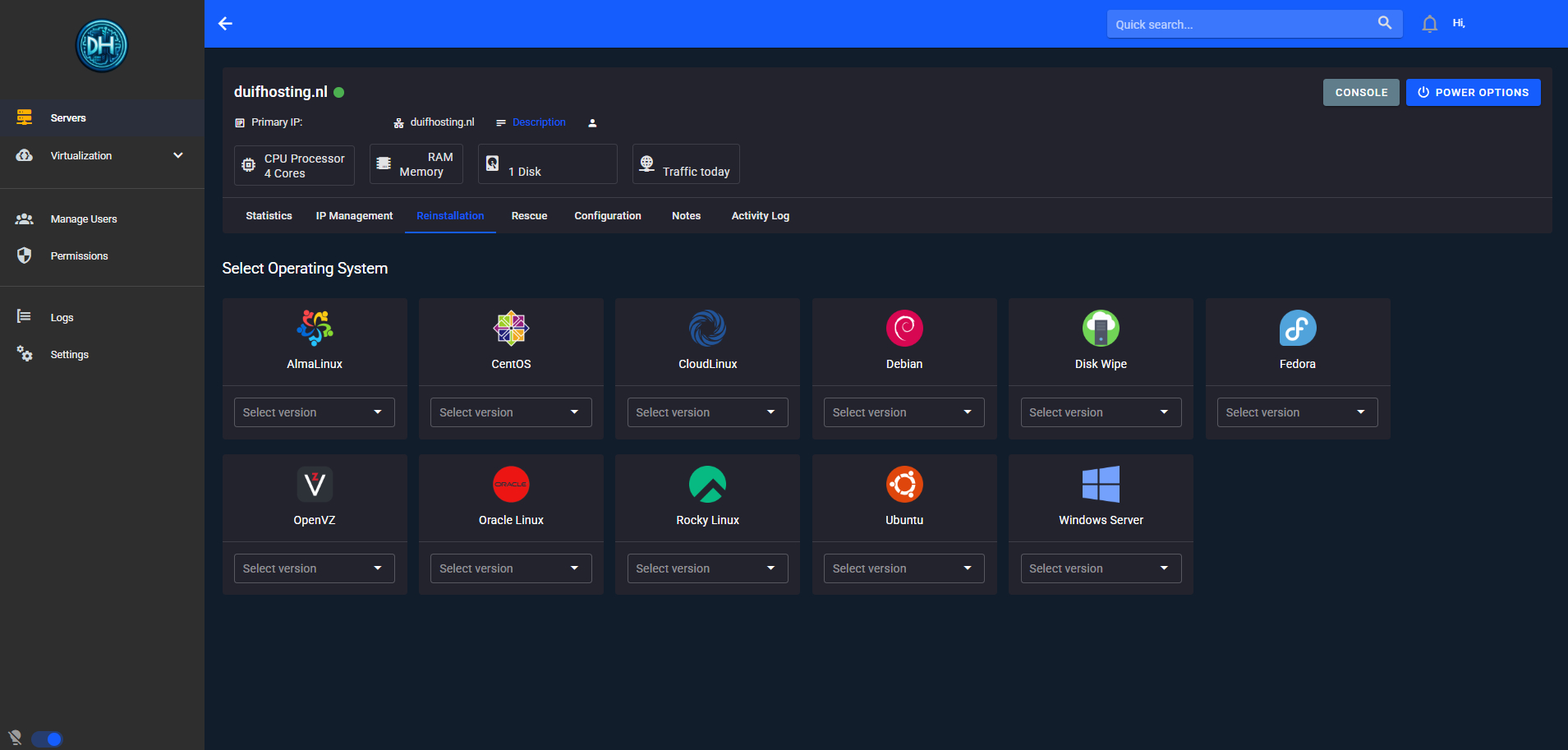 VPS Paneel OS Selector